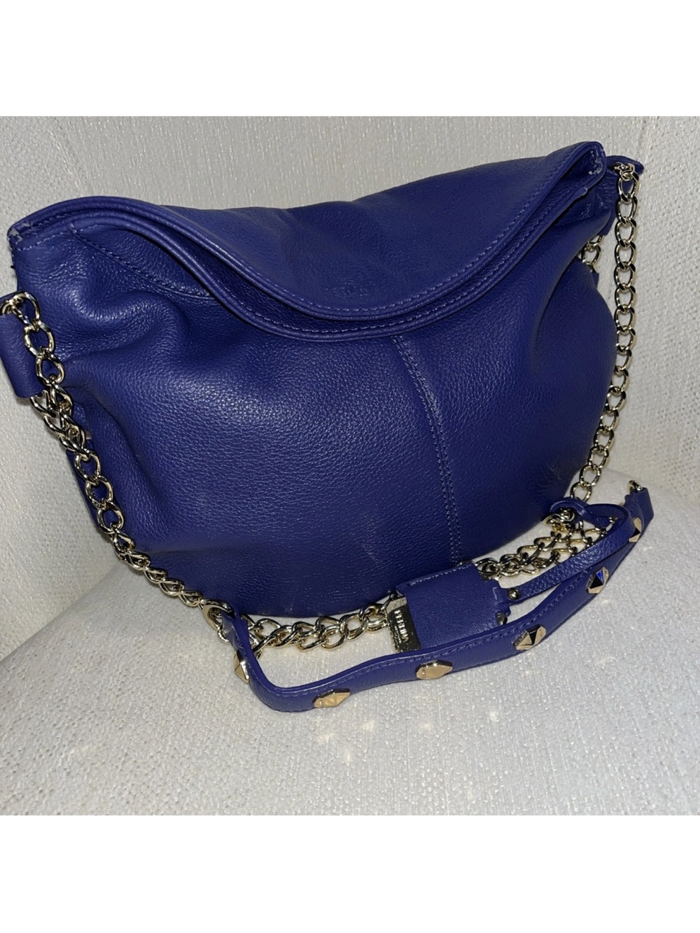 Perlina New York Violet Blue Pebbled Leather Crossbody Purse